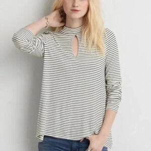 Vintage American Eagle Y2K Keyhole Long Sleeve Mock Neck Stripe Top Size M Med